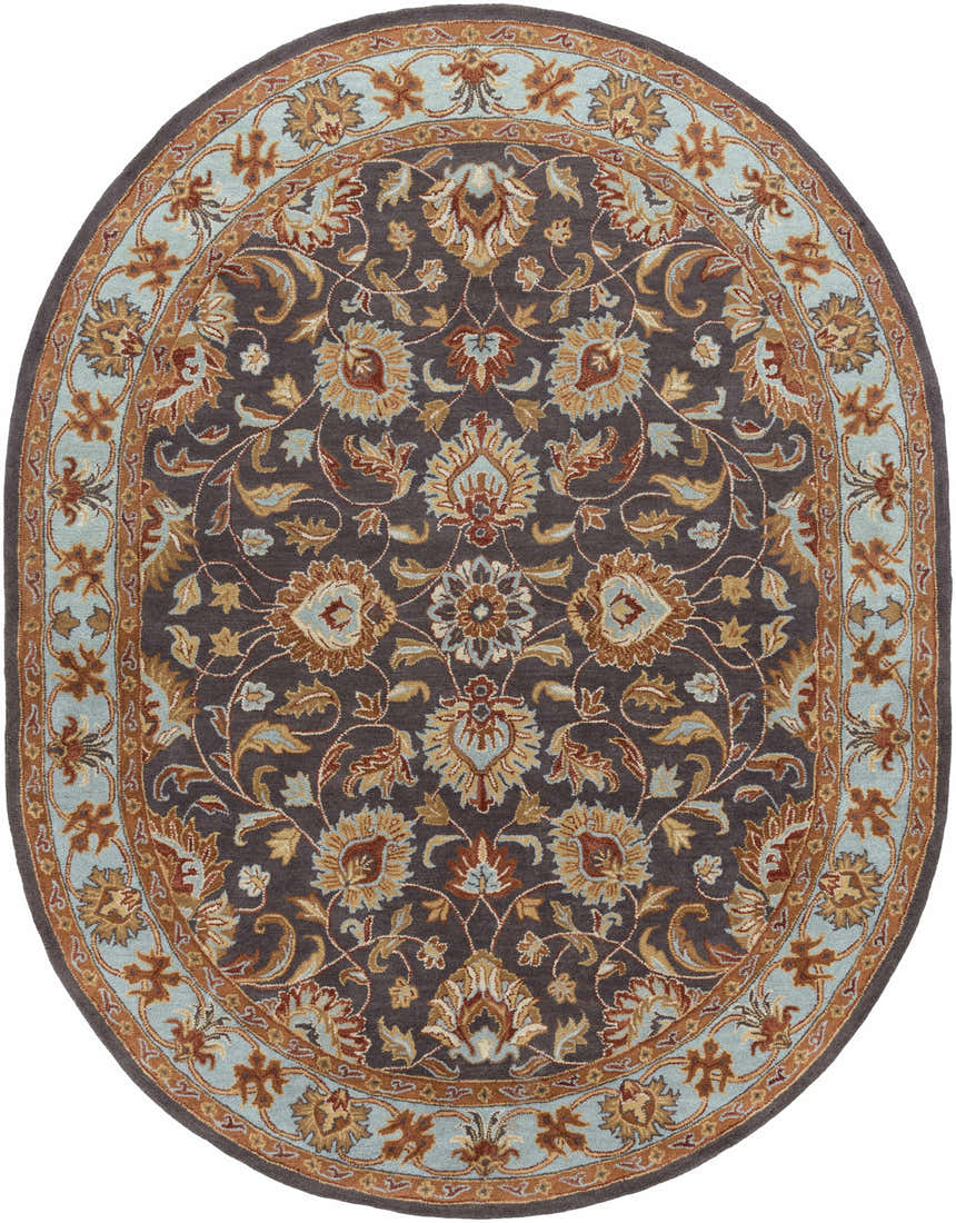 Close-up of the round Cherryfield 1004 rug. Hand-tufted wool rug in beige, burnt orange, charcoal, and ice blue floral pattern. Design-Oval-810