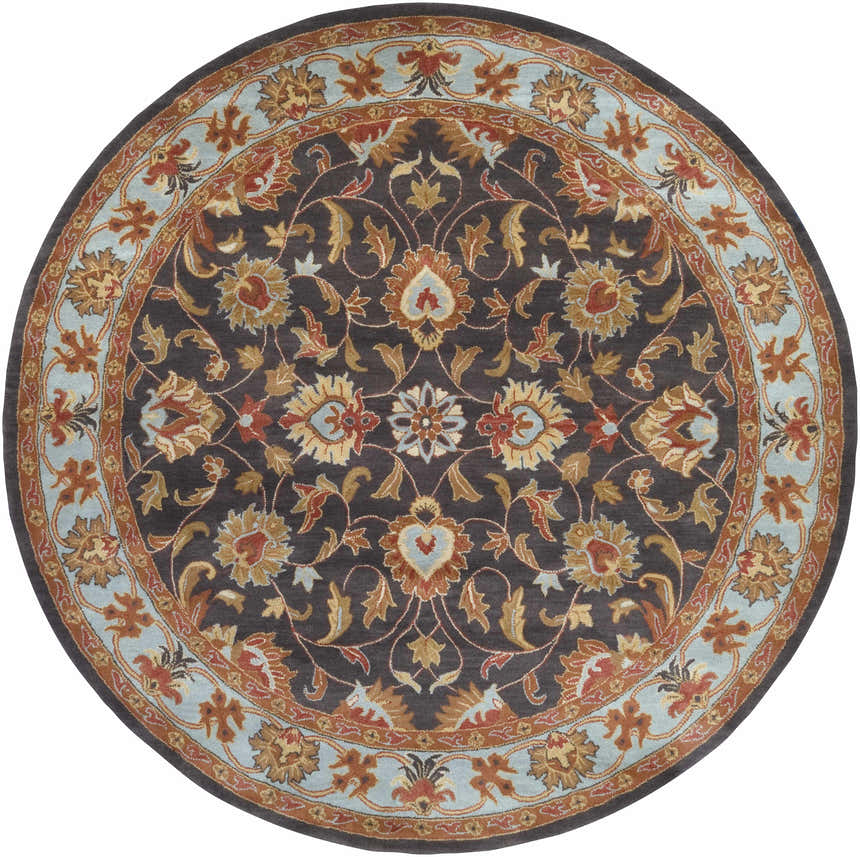 Round Cherryfield 1004 rug with beige, burnt orange, and slate blue floral pattern. Hand-tufted wool rug. Design-Round-8