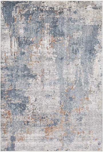 Close-up of Andreas Luxe Fringe Rug. Contemporary style with brick red, dark blue, and gray abstract pattern. Design-Rectangle-6796