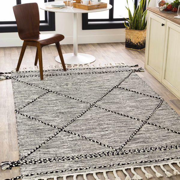 Neal Black/Cream Trellis Cotton Rug with Tassels - Clearance