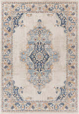 Detailed Neepawa Area Carpet in cream, aqua, and blue. Traditional rug with an oriental-inspired floral medallion pattern. Design-Rectangle-537