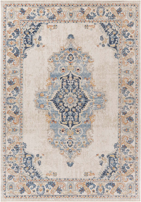 Detailed Neepawa Area Carpet in cream, aqua, and blue. Traditional rug with an oriental-inspired floral medallion pattern. Design-Rectangle-537