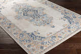 Close-up of the Neepawa Area Carpet showing its cream, aqua, dark blue, and orange traditional-style pattern. Corner