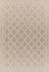 Close-up of the Noam Tan Indoor & Outdoor Rug, featuring a geometric trellis pattern in tan and lambswool hues. Design-Rectangle-537