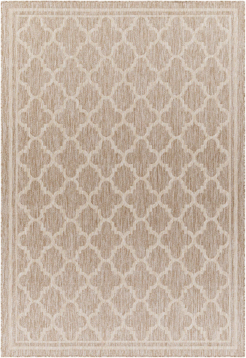 Close-up of the Noam Tan Indoor & Outdoor Rug, featuring a geometric trellis pattern in tan and lambswool hues. Design-Rectangle-537