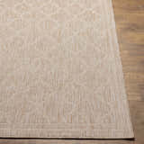 Close-up of the Noam Tan Indoor & Outdoor Rug showing a geometric pattern and woven texture in tan and lambswool. Front