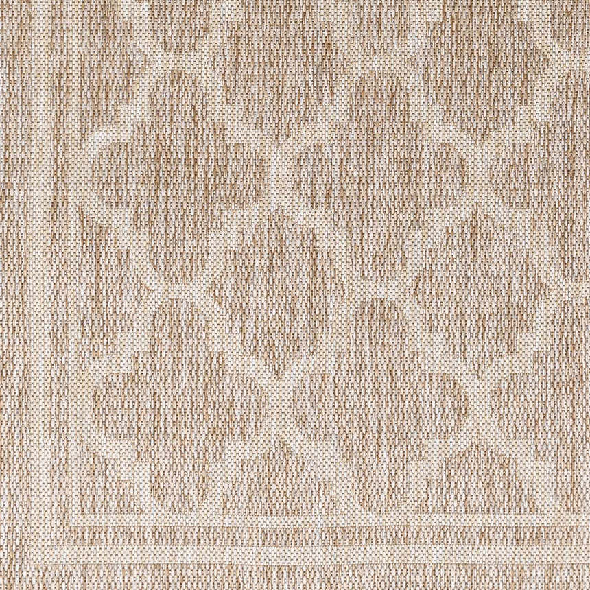 Close-up of the Noam Tan Indoor & Outdoor Rug showing its woven texture and traditional, geometric pattern in brown and lambswool. Swatch