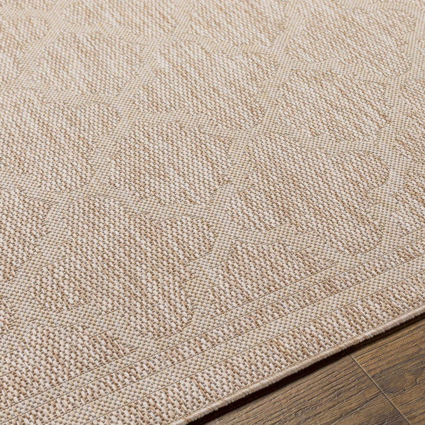 Close-up of the Noam Tan Indoor & Outdoor Rug showing its woven texture and subtle geometric pattern in neutral tones. Texture