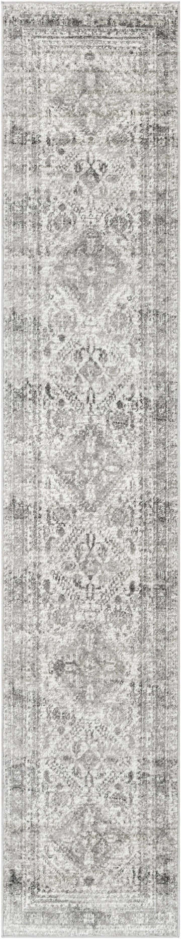 Close-up of the Nelsonville Area Rug. Charcoal, gray, and white tones create a vintage, oriental-inspired pattern. Design-Runner-2714