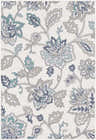 Close-up of the Neon Area Rug, showcasing a floral pattern in navy, pale blue, taupe, teal, and white on a textured olefin weave. Design-Rectangle-5376