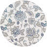 Close-up of a round Neon Area Rug. Floral pattern in navy, pale blue, taupe, and white on a textured background. Design-Round-73