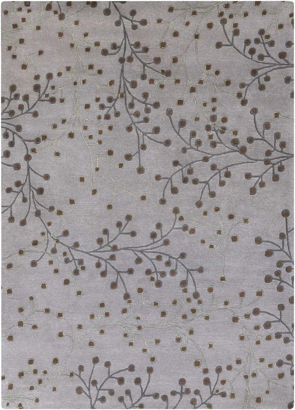 Close-up of the Sage Brown Elsu Area Rug. Wool rug with a botanical pattern in brown, sage, and gray on a neutral background. Design-Rectangle-811