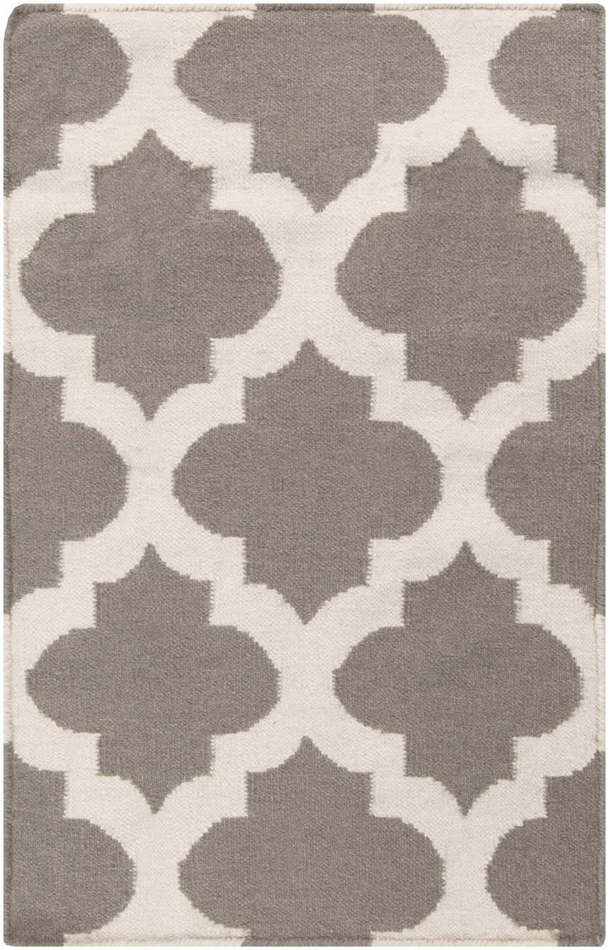 Close-up of the Neshkoro Wool Area Rug. Hand-woven rug with a gray and light beige quatrefoil pattern. Contemporary style. Design-Rectangle-23