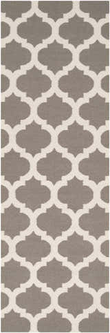Close-up of the Neshkoro Wool Area Rug. Gray and light beige Moroccan trellis pattern on a hand woven wool rug. Design-Runner-268