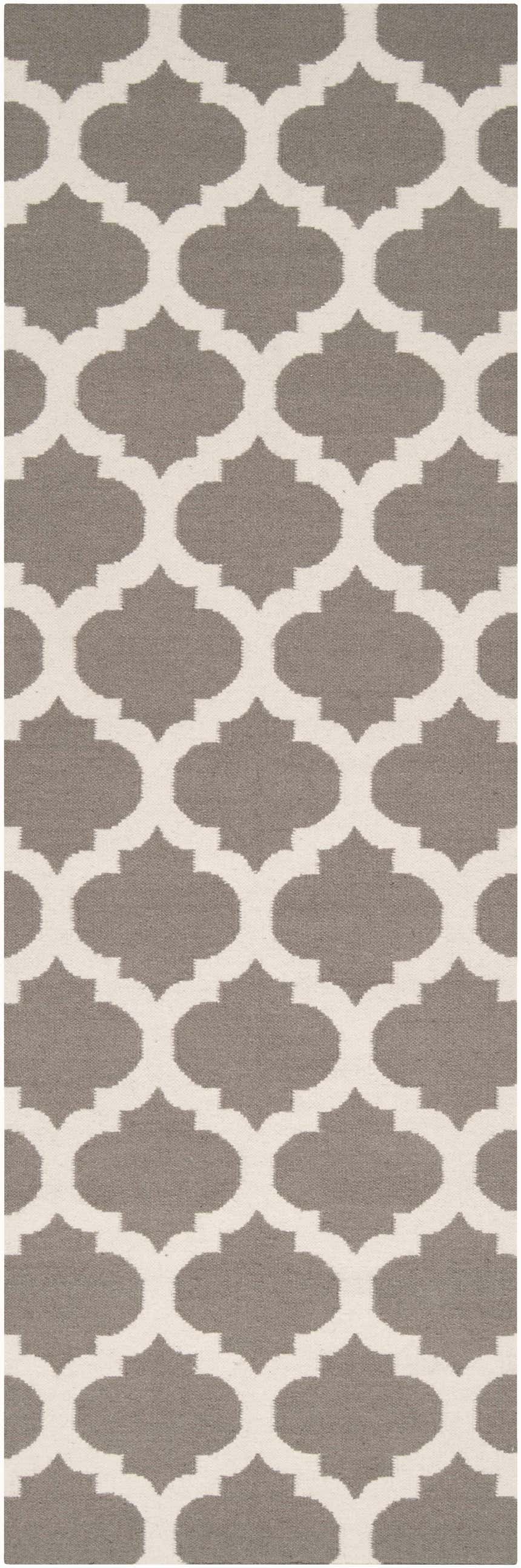 Close-up of the Neshkoro Wool Area Rug. Gray and light beige Moroccan trellis pattern on a hand woven wool rug. Design-Runner-268