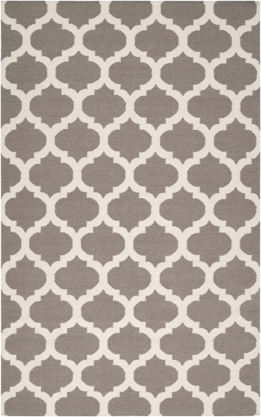 Close-up of Neshkoro Wool Area Rug, featuring a gray and light beige quatrefoil pattern. Hand woven texture. Design-Rectangle-58