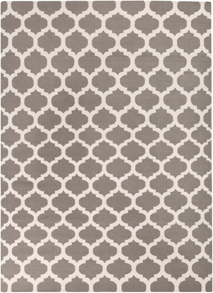 Close-up of a Neshkoro Wool Area Rug. Gray rug with a light beige quatrefoil pattern. Hand woven texture. Design-Rectangle-811