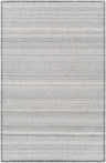 Close-up of the Nettleham Silver Viscose Rug. Hand-woven rectangle rug with charcoal, gray, and silver stripes. Farmhouse style. Design-Rectangle-576