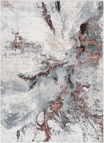 Close-up of Kirkland Silver-Red Marble Rug. Abstract design with beige, black, burgundy, gray, and silver gray colors. Design-Rectangle-5373
