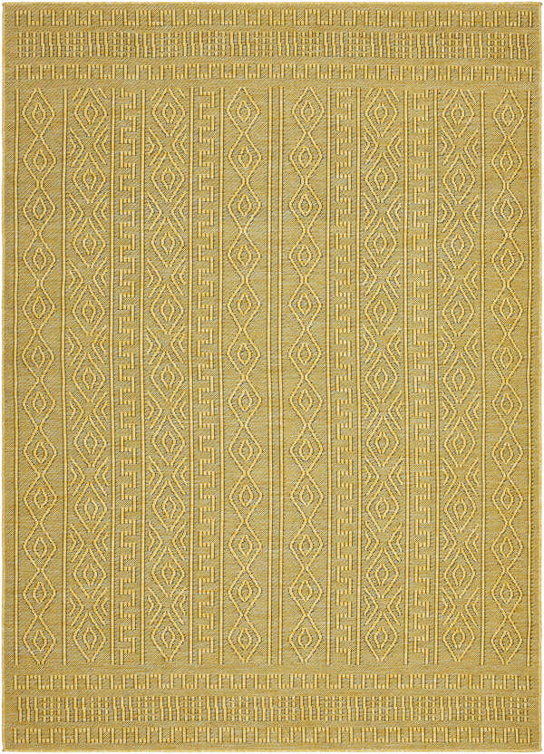 Close-up of the Nuela Mustard Area Rug, featuring a diamond and linear pattern in shades of mustard and yellow. Design-Rectangle-537
