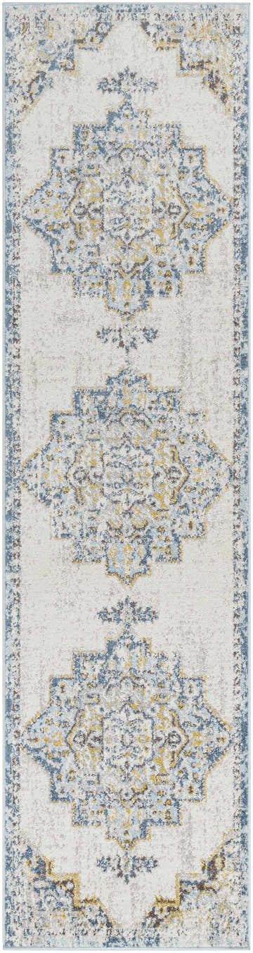 Close-up of the Nibley Area Rug, a vintage-style runner with blue, gray, and mustard geometric patterns. Design-Runner-2710