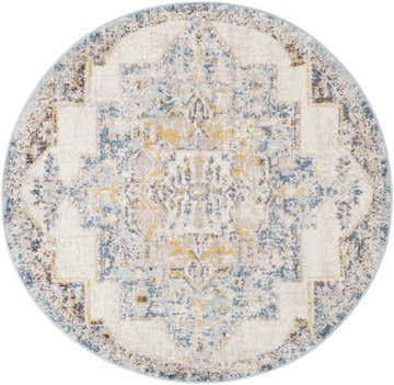 Close-up of the round Nibley Area Rug. Features a vintage-inspired design in blue, brown, mustard, and gray tones. Design-Round-53