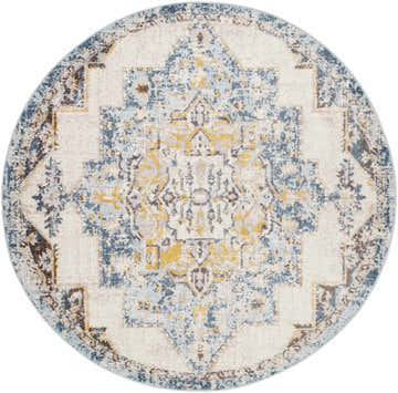 Close-up of the round Nibley Area Rug, featuring a vintage-inspired pattern in blue, brown, and mustard tones. Design-Round-67