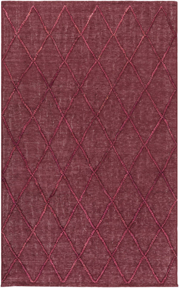 Close-up of the Nicolaus Jute Carpet. Burgundy rug with a diamond pattern and hand woven texture. Farmhouse style. Design-Rectangle-576