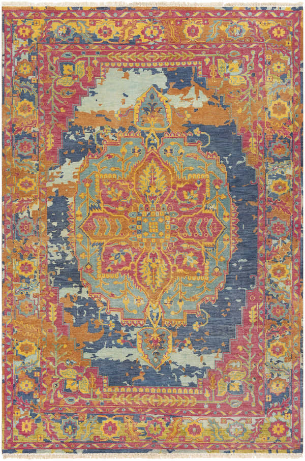 Hand knotted Ninepoints Premium Wool Rug in brown, blue, rose, mustard and seafoam. Traditional farmhouse style. Design-Rectangle-69