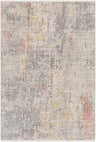 Close-up of the Nile Area Rug featuring a distressed contemporary pattern in ivory, gray, red, blue, and mustard. Design-Rectangle-537