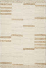 Close-up of the Nadav Beige Area Rug, a hand-tufted wool rug with a geometric block pattern in tan, peach, and ivory hues. Design-Rectangle-576
