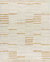 Close-up of the Nadav Beige Area Rug. Hand-tufted wool rug with a geometric block pattern in ivory, tan, and charcoal. Design-Rectangle-810