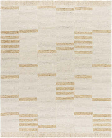 Close-up of the Nadav Beige Area Rug. Hand-tufted wool rug with a geometric block pattern in ivory, tan, and charcoal. Design-Rectangle-810