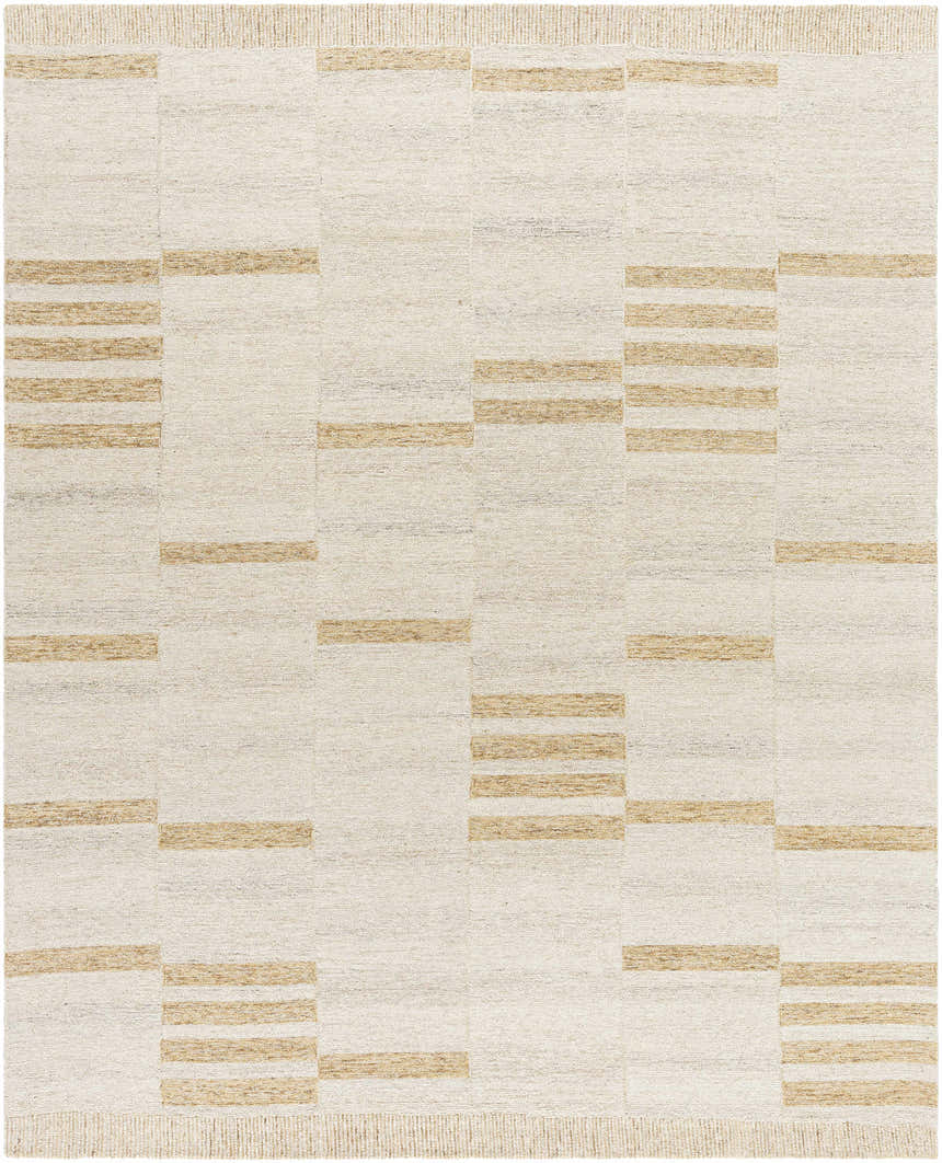 Close-up of the Nadav Beige Area Rug. Hand-tufted wool rug with a geometric block pattern in ivory, tan, and charcoal. Design-Rectangle-810