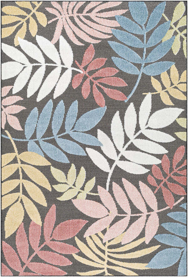 Close-up of the Nasha Charcoal Area Rug featuring a leaf pattern in blue, dusty pink, mustard, olive, and white on charcoal. Design-Rectangle-537