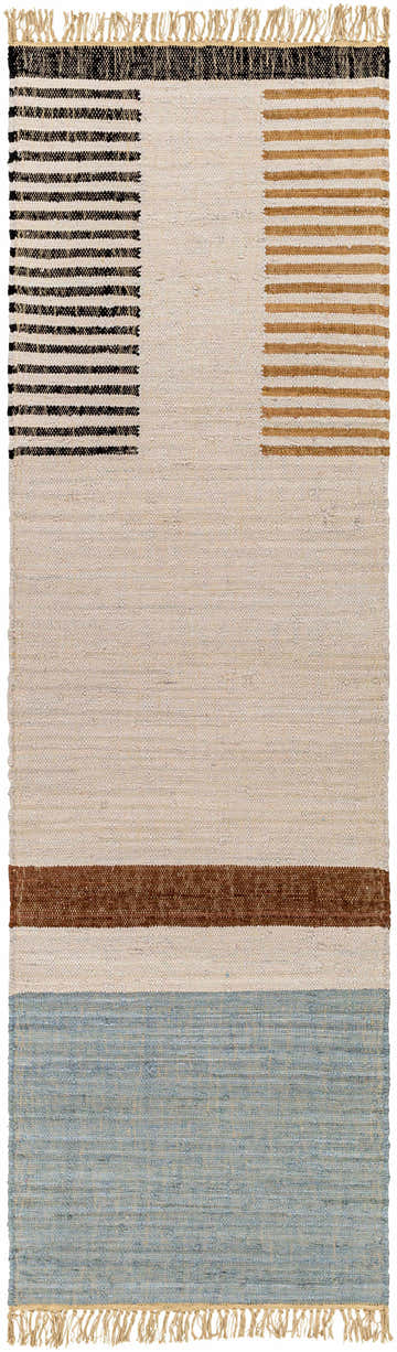 Close-up of the hand-woven Annangrove Area Rug. Features beige, black, brown, and light blue stripes with fringe. 100% Cotton. Design-Runner-268