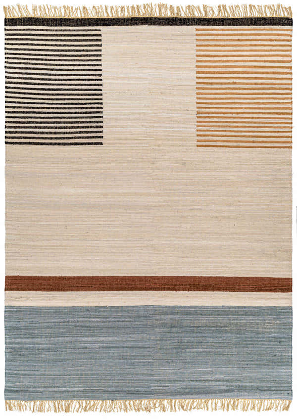 Close-up of the hand woven Annangrove Area Rug. Beige cotton rug with black, brown, and light blue stripes and fringe. Design-Rectangle-810