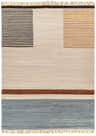 Close-up of the hand woven Annangrove Area Rug. Beige cotton rug with black, brown, and light blue stripes and fringe. Design-Rectangle-810