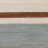 Close-up of the hand woven Annangrove Area Rug. Beige, brown, and light blue horizontal stripes. Cotton texture. Swatch