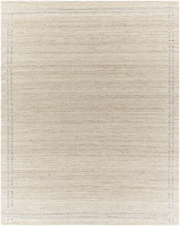 Close-up of the hand woven Nimue Tan Area Rug. Features a tan and ivory color palette with a simple border design. Design-Rectangle-810
