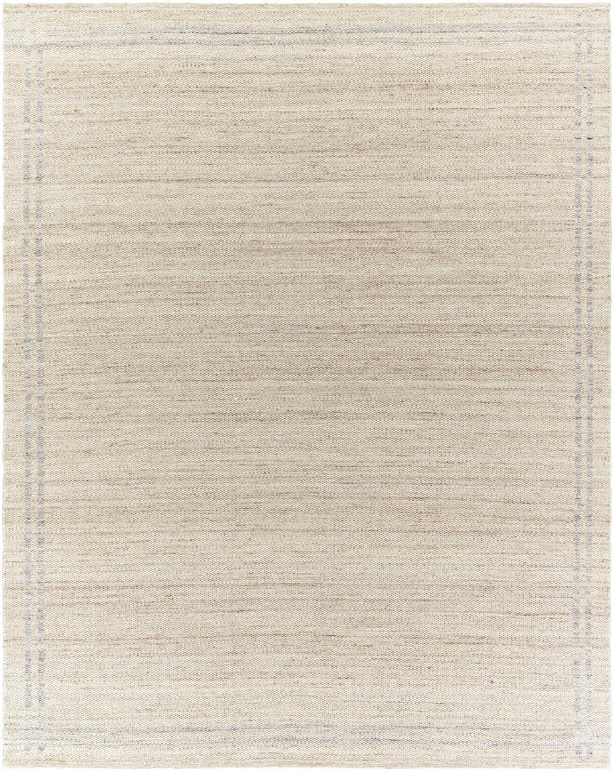 Close-up of the hand woven Nimue Tan Area Rug. Features a tan and ivory color palette with a simple border design. Design-Rectangle-810