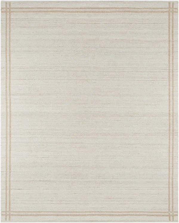 Close-up of the hand woven Nimue Area Rug. Ivory and tan wool rug with a simple, traditional border pattern. Design-Rectangle-810