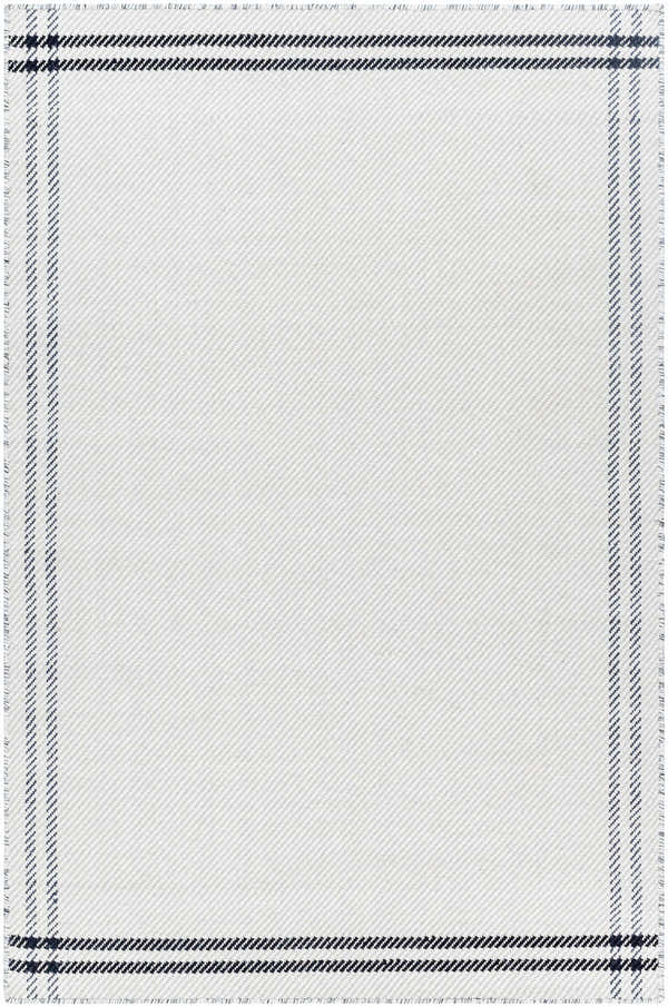Close-up of the Nimue Cream & Blue Bordered Area Rug, a hand woven wool rug with a striped border and fringe. Design-Rectangle-576