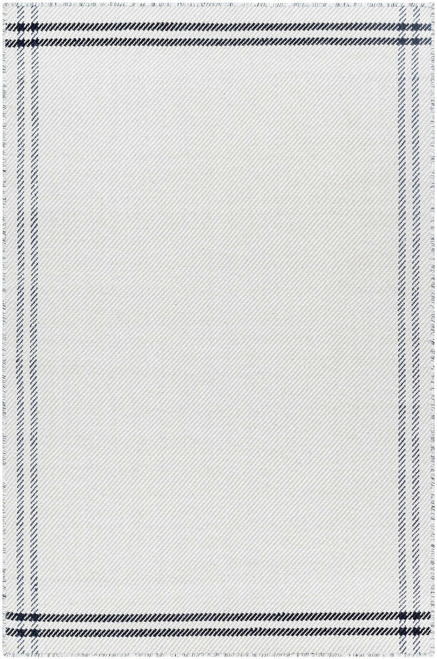 Close-up of the Nimue Cream & Blue Bordered Area Rug, a hand woven wool rug with a striped border and fringe. Design-Rectangle-576