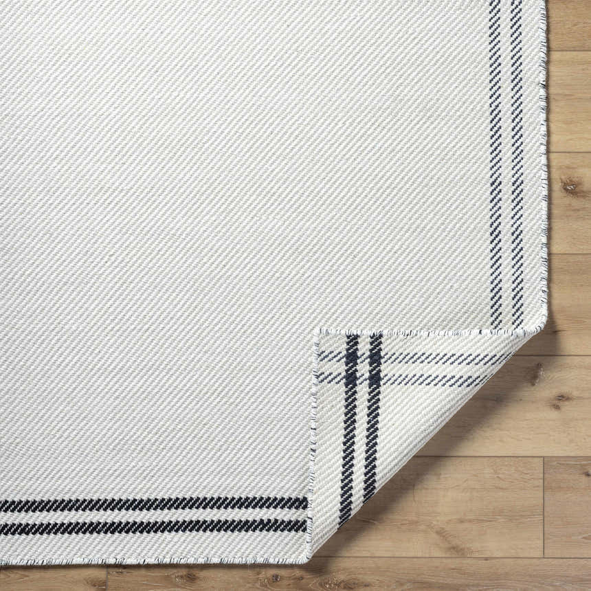 Close-up of the hand woven Nimue Cream & Blue Bordered Area Rug showing the wool texture and striped border. Fold