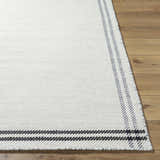 Close-up of the hand woven Nimue Cream & Blue Bordered Area Rug showing texture and striped border detail. Front