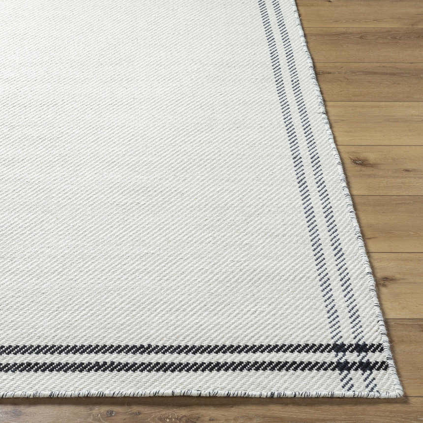 Close-up of the hand woven Nimue Cream & Blue Bordered Area Rug showing texture and striped border detail. Front