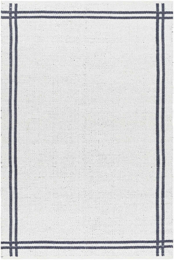 Close-up of the hand woven Nimue Bordered Wool Rug. Off white rug with a simple blue border. Design-Rectangle-576