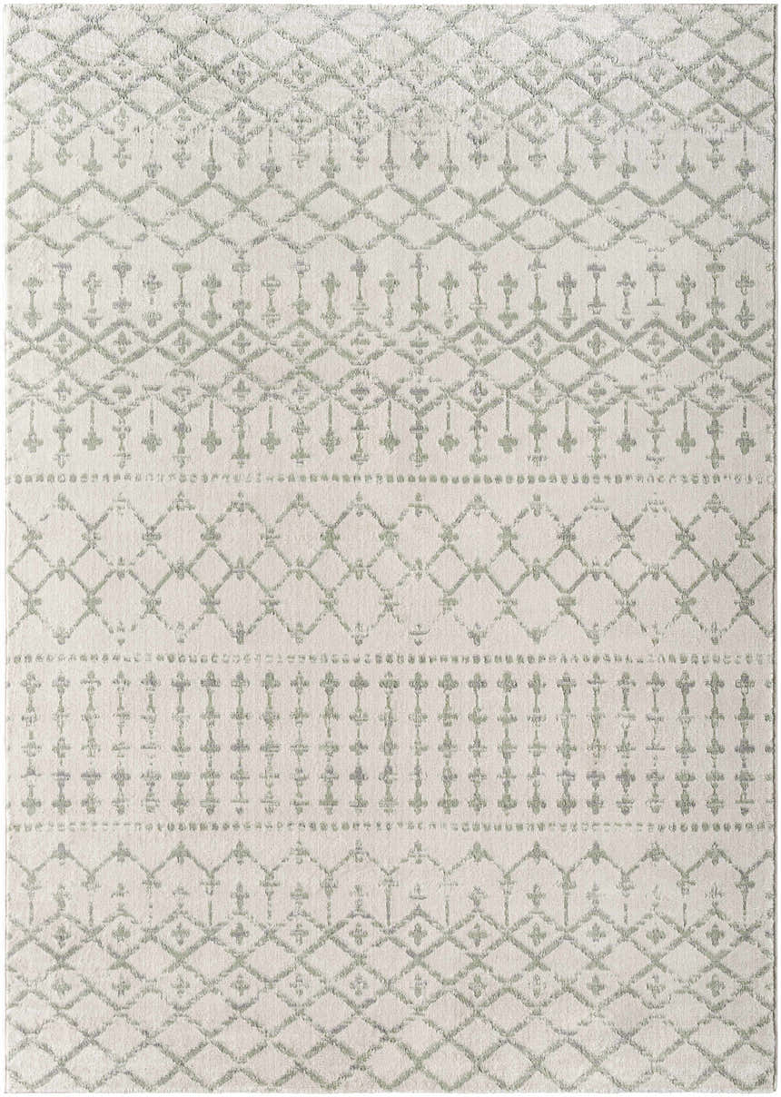Close-up of Nolen Area Rug with a light gray geometric pattern. Farmhouse style, machine woven texture. Design-Rectangle-537