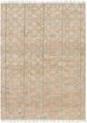 Close-up of the Rice Dusty Sage Fringed Jute Carpet. Cream and tan jute rug with a geometric diamond pattern and sage accents. Design-Rectangle-576